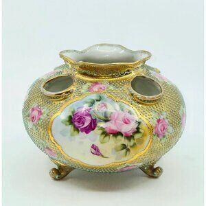 Antique Nippon Noritake Nippon Beading Gold moriage w/Pink Roses Flower Frog and